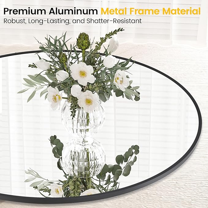 GarveeHome Round Miror, 18 in Small Aluminum Alloy Frame Circle Mirror, High Definition Eco-Friendly Black Round Bathroom Mirror for Over Sink, Wall Mirror for Entryway, Bathroom, Vanity