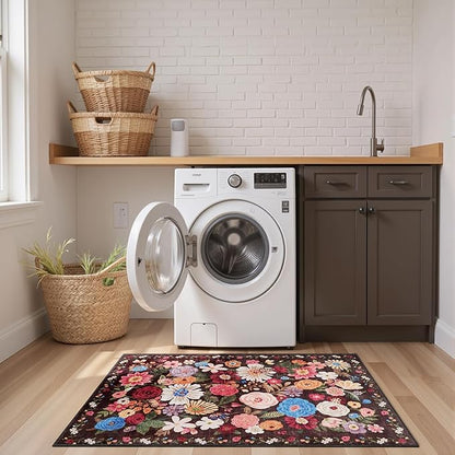 2x5 Entryway Runner Rugs, Non Slip Washable Rugs with Rubber Backing Soft Floral Carpet Runner for Kitchen, Laundry, Bedroom, Bathroom, Black/Brown