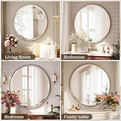 24 Inch Round Bathroom Mirror - Luxurious Retro Beaded Circle Decorative Wall Mirror with PU Frame Hanging Leaning as Art Decor for Entryway, Bedroom, Living Room, Hallway, Silver