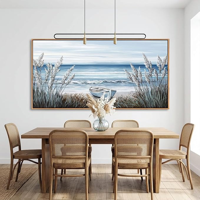 AJAZIKO Beach Vintage Wall Decor Pictures for Living Room Coastal Artwork for Walls Ocean Bedroom Wall Decor Above Bed Landscape Beach Canvas Wall Art Featuring Boat, Farmhouse, Seascape 20×40IN