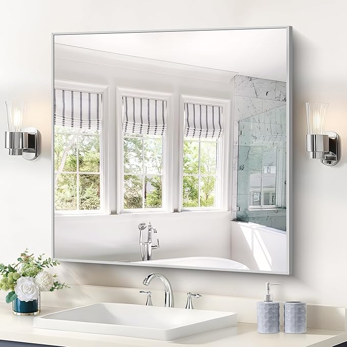COFENY Silver Bathroom Mirror for Wall, 30x30 Inch Rectangle Mirrors with Metal Frame, Modern Vanity Wall Mirror Decor for Bathroom Living Room, Entryway Hangs Horizontal or Vertical