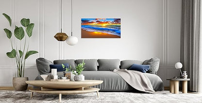 TutuBeer 1 Panel Beach Pictures Blue Sea White Beach at Sunrise Picture Print on Canvas Ocean Pictures Wall Decor Ocean Canvas Art Seascape Wall Art Stretched and Framed 12x24 inch
