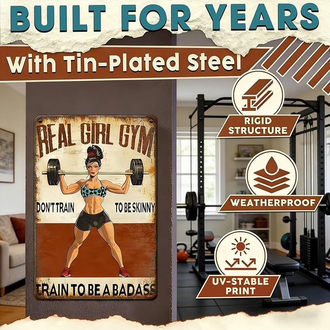 Gym Decor For Women Motivational Metal Gym Signs Real Girl Dont Train To Be Skinny Train To Be A Badass Vintage Badass Home Workout Room Wall Art Retro Fitness Sign 8x12 Inch