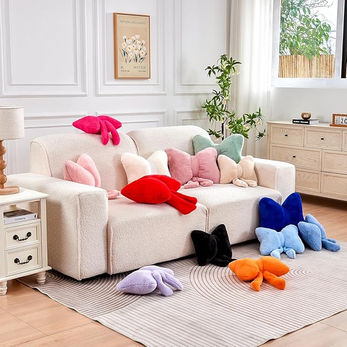 XVTRU Sage Green Bow Pillow, Soft Bow Decorative Pillows with Faux Rabbit Fur, Cute 16" Bow Throw Pillows, Aesthetic Home Decor Bow Shaped Plush Pillow for Bedroom Sofa Couch