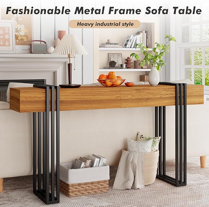 knoworld 63 Inch Long Console Table, Industrial Sofa Table Behind The Couch Rectangular Entryway Table for Entrance Hallway Living Room, Rustic Brown