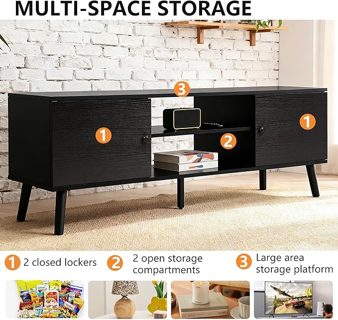 PayLessHere TV Stand for 55/60 Inch TVs,Modern Media Console with 2 Storage Cabinets and Open Shelves,Entertainment Center for Living Room, Bedroom,Black