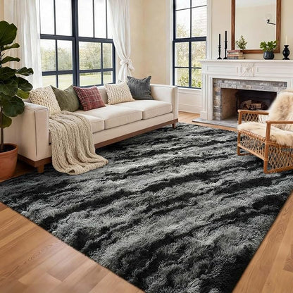 9x12 Ft Extra Large Shag Rugs for Living Room, Ultra Soft Fluffy Furry Area Rugs for Bedroom Indoor Floor, Aesthetic Carpet for Kids Home Decor (Black)