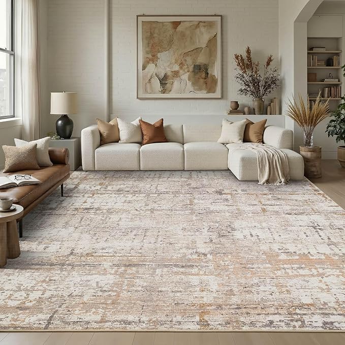 Rugxara 10x14 Extra Large Washable Area Rug, Soft Abstract Vintage Rug for Living Room, Bedroom, Office, Farmhouse, Low Pile Imitation Wool Non Slip Carpet Ideal for High-Traffic Areas, Beige Grey