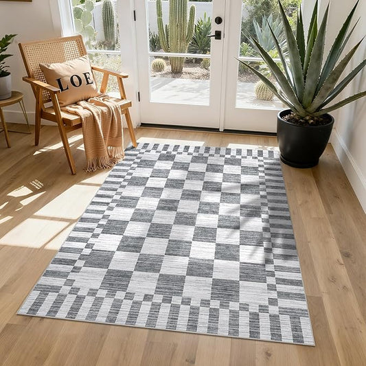 GarveeHome Grey Checkered Rug,Washable 3x5 Rug Non Slip for Entryway, Soft Low-Pile, Modern Farmhouse Geometric Small Area Rugs for Bedroom Kitchen