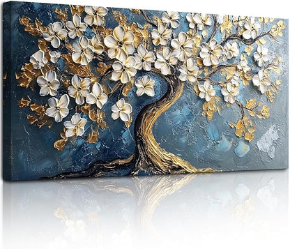 SERIMINO Tree of Life Large Canvas Wall Art, Abstract Gold Tree Modern Office Decorations, Nature White Floral Artwork for Walls, Navy Blue Pictures Wall Decor Living Room Bedroom Art Prints 20"X40"