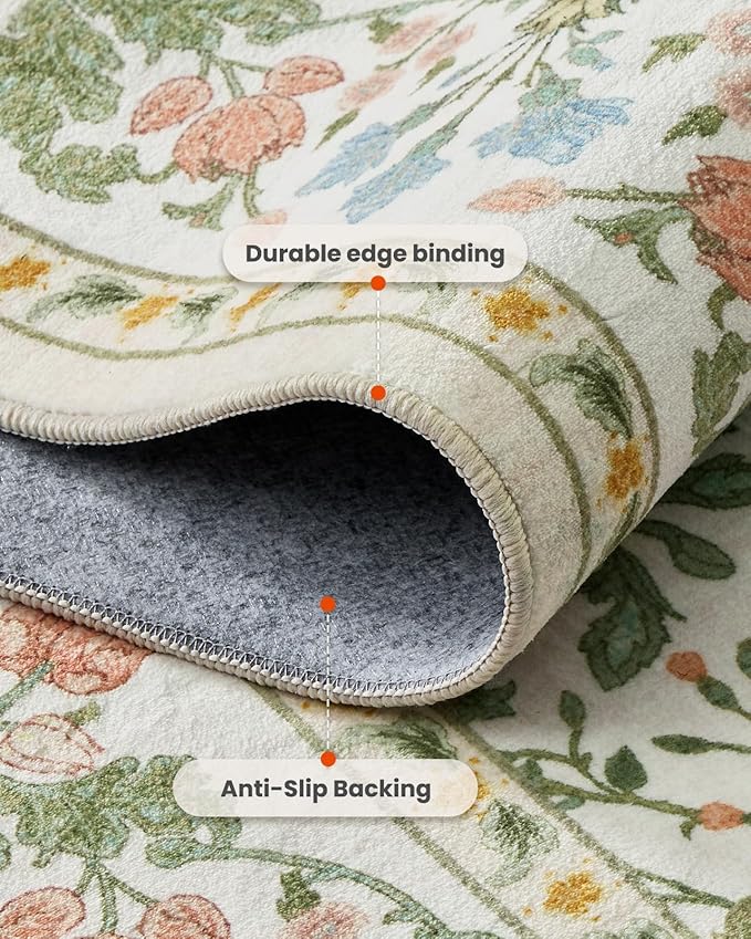 AMADA HOMEFURNISHING 5x7 Area Rug, Washable Living Room Rug with Non-Slip Backing, Low Pile and Durable Edge Binding, Vintage Soft Floral Rugs for Living Room, Bedroom, Dining Room