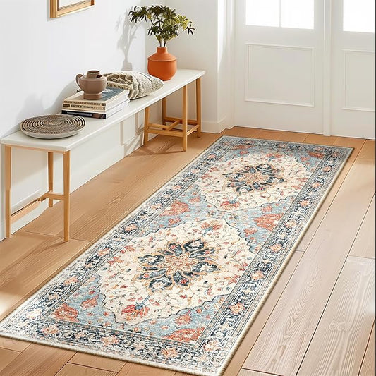 RELEANY Area Rugs 2'x5' Runner Rug Non Slip Washable for Kitchen Hallway Bedroom Beside Laundry Room Bathroom Rug, Floor Carpet, Beige Navy Blue Orange Colorful