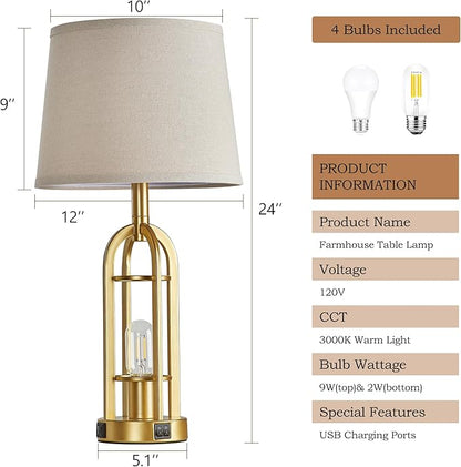 SRJJA Gold Table Lamps for Living Room Set of 2 - Modern Farmhouse Bedside Lamps for Bedroom Night Stands with Nightlight and USB A+C, Industrial Lamp for Living Room End Tables