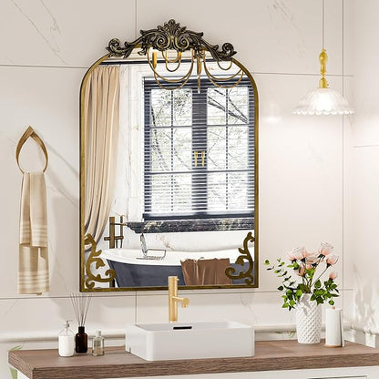 Koonmi Vintage Mirror, 24x36 Antique Barolon Mirror for Wall, Bronze Frame with Ornate Patterns, Flower Head, Shatter-Proof Tempered Glass Arched Decorative Mirrors for Bathroom