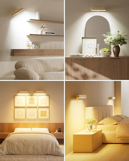 PopoIron 7500 mAh Rechargeable Wood Wall Sconce for Bedroom, LED Wall Light with Remote Control and Touch, 360° Magnetic Rotation, 3 Colours, Dimmable Wooden LED Wall Lamp with 15 RGB Colors,1 Pack