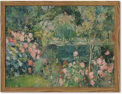 Framed Vintage Floral Landscape Canvas Wall Art, Rose Garden Pond Wall Decor Paintings, Rustic Cottagecore Nature Plant Pictures Prints Aesthetic Home Decor for Living Room Bedroom Bathroom 12x16 inch