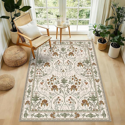 Area Rug 3x5 Machine Washable Vintage Floral Rugs for Living Room, Small Boho Non Slip Indoor Entrance Rug for Kitchen Bedroom, Beige White