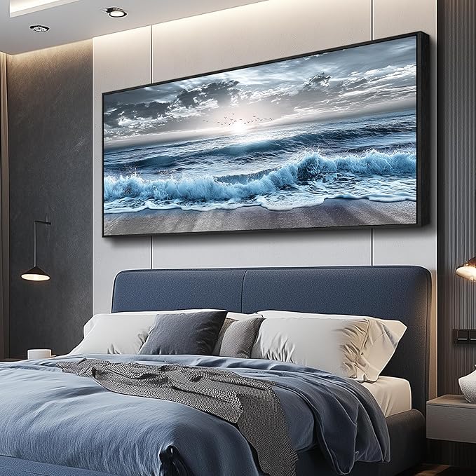 ERQINHUA Sunrise Ocean Seascape Wall Pictures Large Canvas Wall Decor For Bedroom Wall Art For Living Room Office Decor Blue Beach Sea Wave Paintings Artwork Modern Home Decor Black Framed 32x72 In