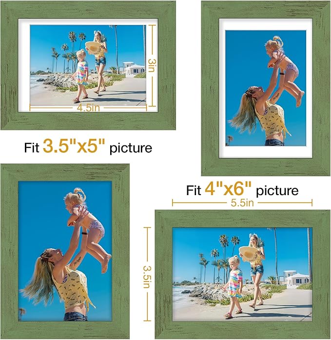 Vittanly 4x6 Picture Frames Set of 9, Display 3.5x5 Pictures with Mat or 4x6 without Mat, Photo Frames for Wall or Tabletop with Plexiglass, Engineered Wood, Rustic Green
