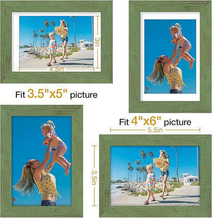 Vittanly 4x6 Picture Frames Set of 9, Display 3.5x5 Pictures with Mat or 4x6 without Mat, Photo Frames for Wall or Tabletop with Plexiglass, Engineered Wood, Rustic Green