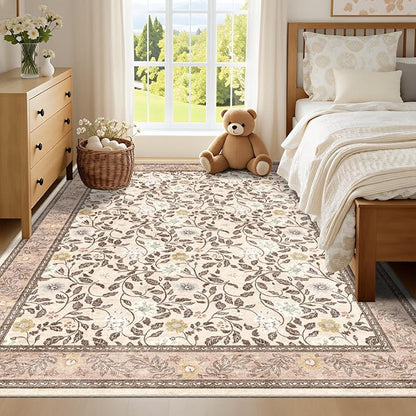 6x9 Area Rug,Floral Rugs for Living Room Bedroom,Low Pile Soft Large Carpet with Non Slip Machine Washable Boho Vintage Rug for Dining Room,Brown