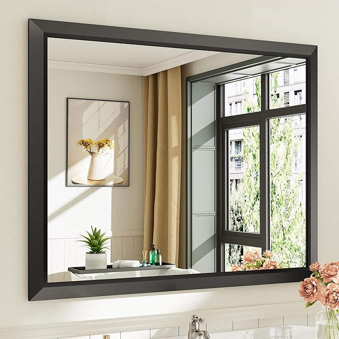 Briivue 40x32 Inch Black Bathroom Mirror for Wall, Thick Metal Framed Rectangle Mirrors for Over Sink, Bedroom, Living Room, Entryway, Anti-Rust, HD Tempered Glass