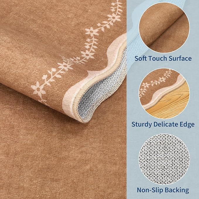 GarveeHome Scalloped Round Area Rugs 8ft for Living Room, Large Solid Brown Washable Circle Rug Soft Non Slip Floral Print Floor Mat Carpet Indoor Thin Rug for Bedroom Dining Room Playroom Nursery