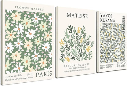 Induslyfe Framed Green Wall Art Canvas Decor Set of 3, Matisse Wall Art Framed Prints Posters Mid Century Modern Art, Aesthetic Floral Botanical wall art for bedroom, living room bathroom 12x16