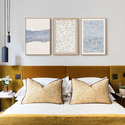 SAFERRYHOME Blue Neutral Contrast Abstract Boho Wall Art Framed Canvas Print Set, Mid Century Modern Minimalist Lines Geometric Pattern for Living Room, Bedroom, Office - 3 Panels 16x24 Inch