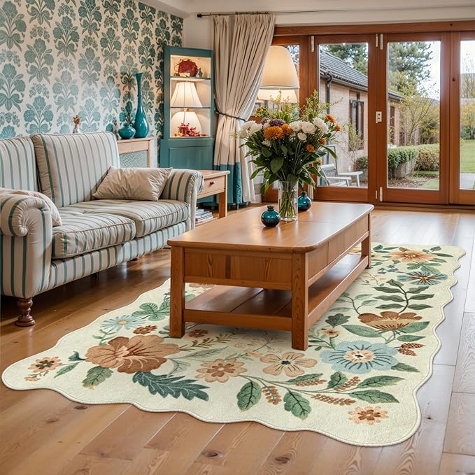 Lahome Floral Living Room Rug, 5x7 Rugs for Bedroom Ultra-Thin Soft Washable Dining Room Rug, Non Slip Stain Resistant Boho Low-Pile Throw Carpet for ‎Office Flore (5x7ft,Beige)