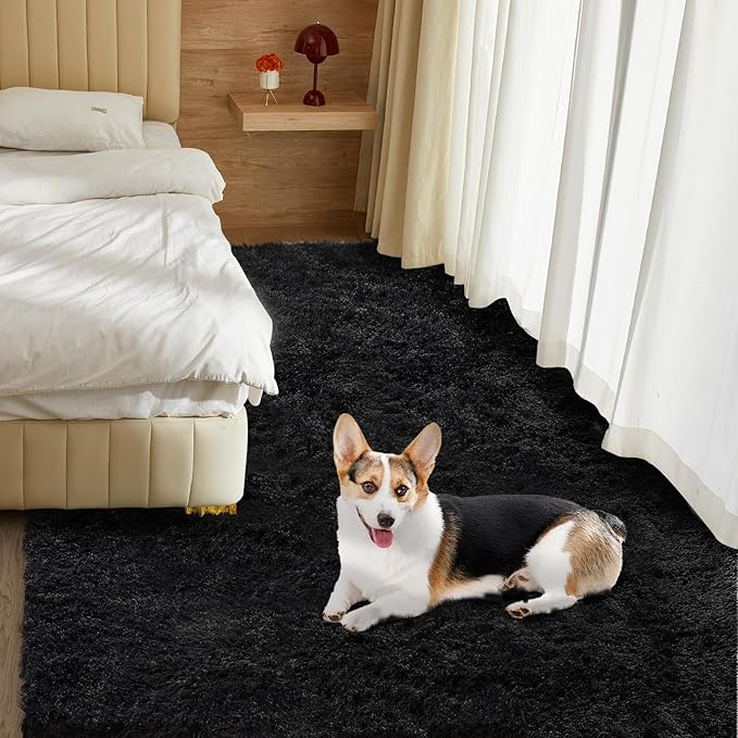 Ultra Soft Rug for Living Room, 6X9 Fluffy Shag Area Rug for Bedroom, Modern Shaggy Carpets Fuzzy Rug for Teens Dorm Nursery Home Decor Aesthetic, Upgrade Anti-Skid Durable, Black