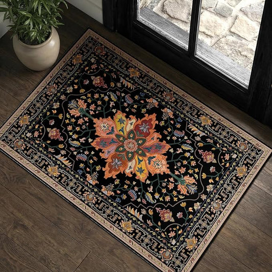 RELEANY Area Rugs 2'x3' Kitchen Rugs Entry Rug Small Rugs for Entryway Kitchen Bathroom Door Mat Indoor Entrance,Washable Non Slip, Black Colorful Floral Dark Tan