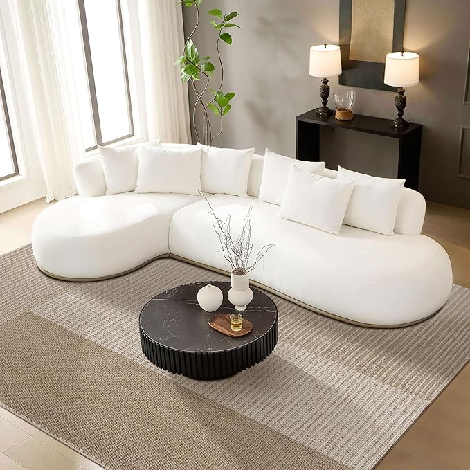 WILLIAMSPACE 134.63" Oversize Curved Sofa Cloud Couch with Round Chaise, Modern Upholstered Curved Sectional Sofa Couch with 6 Pillows for Living Room, No Assembly (Left-Facing,Cream White)