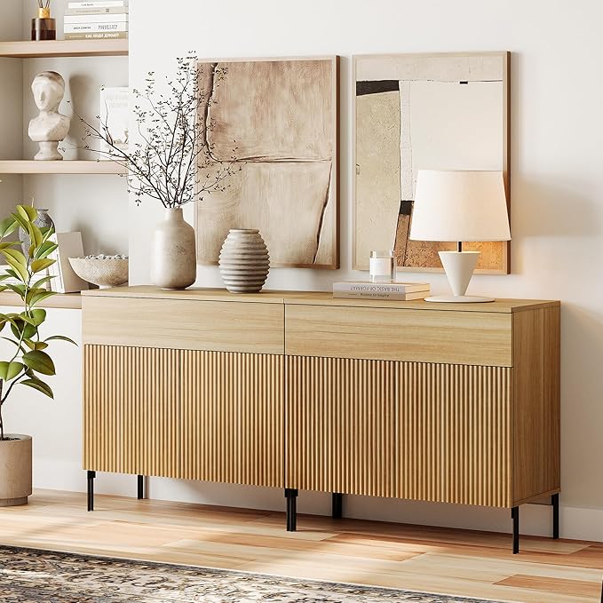WAMPAT Fluted TV Stand TVs up to 70 inch, 63" W Modern TV Entertainment Center with Storage Cabinets and 2 Drawers & 4 Doors, Wood Media TV Console Table with Storage for Living Room, Oak