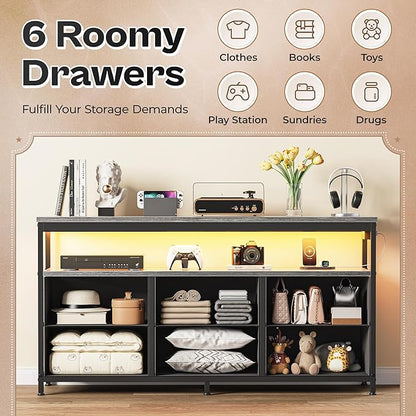 Huuger LED TV Stand for Bedroom, 47 Inch Dresser TV Stand for 43, 50, 55 Inch TV, Grey Black TV Stand with Storage, Entertainment Center with Power Outlets, 6 Drawer Fabric Dresser for Living Room