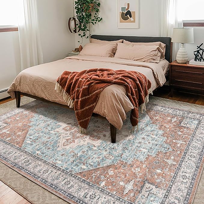 BILEEHOME Bohemian Rug 5x7 for Living Room Washable Machine Weave Mid Century Modern Bright Colors Dynamic Colorful 70s Funky Vintage Area Rugs,Terracotta Rust Burnt Orange and Turquoise Blue