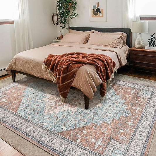 BILEEHOME Bohemian Rug 5x7 for Living Room Washable Machine Weave Mid Century Modern Bright Colors Dynamic Colorful 70s Funky Vintage Area Rugs,Terracotta Rust Burnt Orange and Turquoise Blue