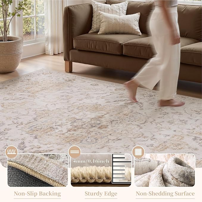 PADOOR 6FT Round Rug,Rugs for Living Room,Soft Beige Circle Rug,Machine Washable Rugs for Bedroom,Non Slip Carpet,Rug for Dining Room Living Room Bedside Office