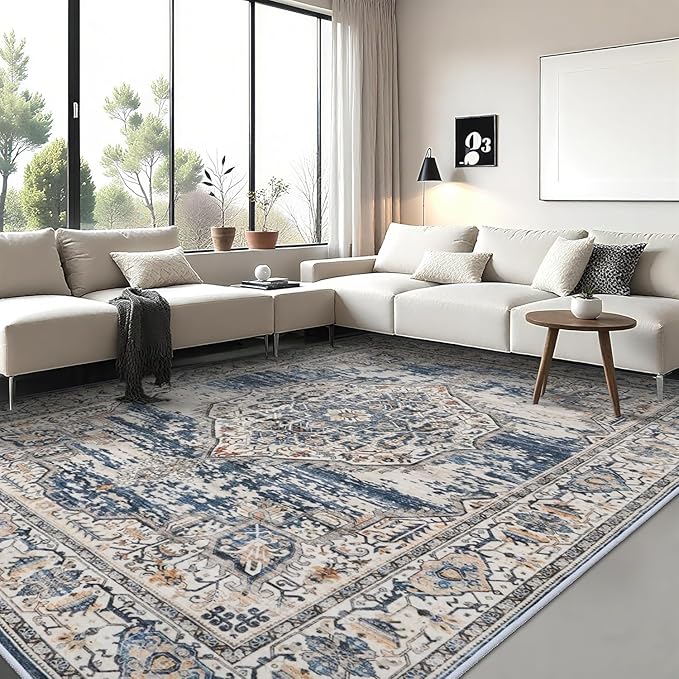 Washable Living Room Area Rug: 8x10 Bedroom Rugs - Farmhouse Distressed Printed Floral Carpet - Foldable Non-Shedding Floor Carpet for Dining Room 8'x10' Blue