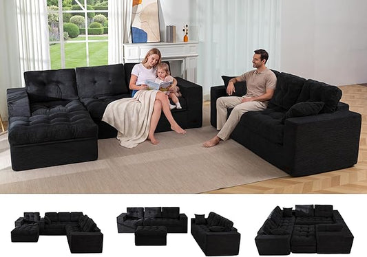 MAXYOYO Modular Sectional Sofa with Ottoman and Loveseat, Cloud Boneless Couch with Layered Cushion, Flexible Module Combination Sofa for Living Room, No Assembly Required,Black