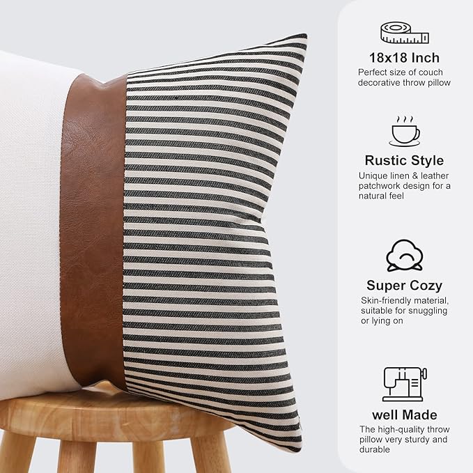 Mecatny Set of 2 Faux Leather Throw Pillows 18x18 with Inserts, Boho Striped Farmhouse Outdoor Pillows, Decorative Accent Cushions for Couch, Patio & Living Room, Black