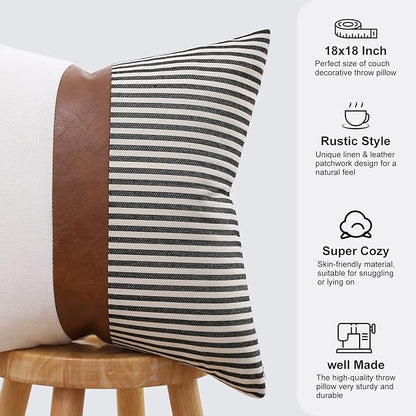 Mecatny Set of 2 Faux Leather Throw Pillows 18x18 with Inserts, Boho Striped Farmhouse Outdoor Pillows, Decorative Accent Cushions for Couch, Patio & Living Room, Black