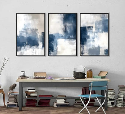 3 Pcs Framed Navy Blue Abstract Canvas Wall Art Modern Minimalist Neutral Blue and Grey Paintings Pictures Wall Decor Poster Print Artwork for Living Room Bedroom Office Home Decoration