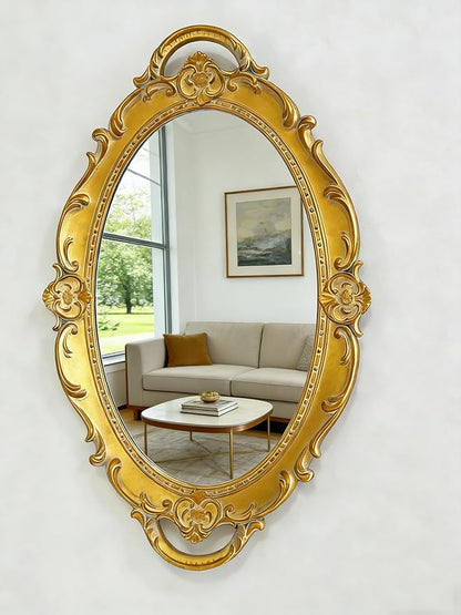 Vintage Oval Resin Wall Mirror, Wall-Mounted Decorative Mirror, Vanity Tray for Entryway, Corridor, Bedroom, Living Room Dressing Table (Vintage Gold 15X10 Inch)