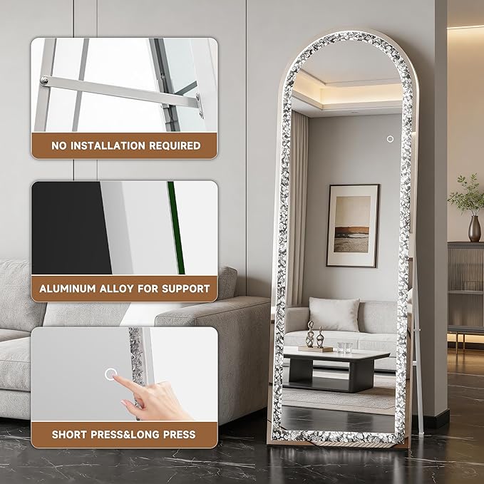 63"×22" Full-Length Mirror with Lights- Arch Crystal Crush Diamond Wall Mounted Hanging Diamond Mirror Leaning for Living Room Bedroom