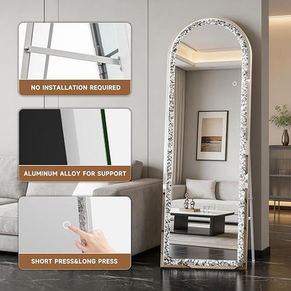 63"×22" Full-Length Mirror with Lights- Arch Crystal Crush Diamond Wall Mounted Hanging Diamond Mirror Leaning for Living Room Bedroom
