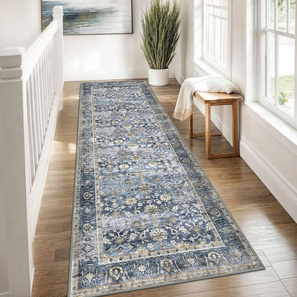 KUTA Vintage Wide Runners for Hallways 3x8 ft Blue Grey Beige Washable Kitchen Runner Non Slip Rubber Backed Hall Runners Entryway Runner Rugs Floor Carpet for Indoor Backdoor Bedroom Kitchen