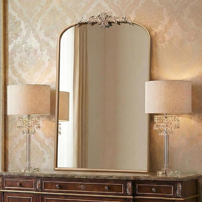 Besdomus Large Antique Wall Mirror: 24"x36" French Arched Champagne Gold Vintage Wall Mounted Mirror - Traditional Ornate Home Decor for Entryway/Bedroom/Bathroom - Baroque Idea for Housewife