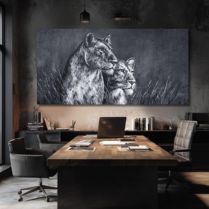 ZENPEE Large Lion Canvas Wall Art - 24"x48" Black and White Spray Print, Modern Animal Wall Decor for Bedroom, Living Room, Office - Ready to Hang