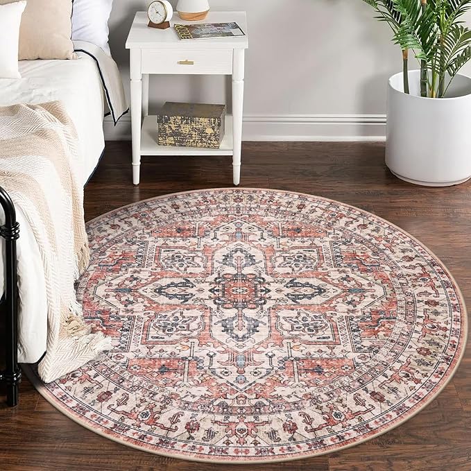 KOZYFLY Boho Round Rug 5 Ft Rugs for Entryway Washable Circle Rug Non Slip Doormat Printed Faux Wool Vintage Round Entryway Rug Floor Carpet Round for Entrance, Bedroom, Red Salmon/Pink/Navy